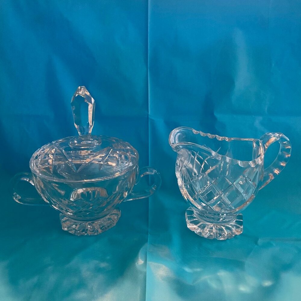 Galway Crystal ~ Cream Pitcher & Sugar Bowl w/Lid ~ Diamond Pattern ~ Footed
